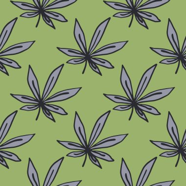 Marihuana, elle çizilmiş, pürüzsüz izler bırakır. Yeşil geçmişi olan gri uyuşturucu izi. Stilize edilmiş basit sanat eserleri. Duvar kağıdı, tekstil, ambalaj kağıdı ve kumaş baskısı için tasarlanmış. Vektör illüstrasyonu.