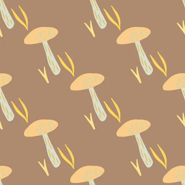 버섯들과 팔레트는 무미건조 패턴이었습니다 배경에는 베이지 실루엣이 포장지 프린트를 디자인되었습니다 — 스톡 벡터