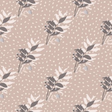Orman yaprağı buketi olan soluk, pürüzsüz bir desen. Bckground 'daki noktalı botanik süsü. Duvar kağıdı, tekstil, ambalaj kağıdı ve kumaş baskısı için tasarlanmış. Vektör illüstrasyonu.