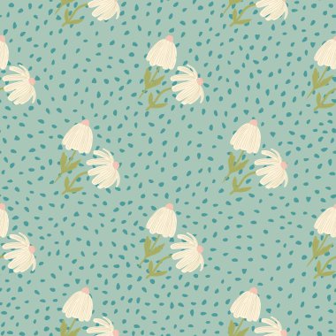Pastel hafif çiçekleri kusursuz botanik desenleri. Noktalı mavi yumuşak arkaplan. Stilize edilmiş parmak izi. Duvar kağıdı, tekstil, ambalaj kağıdı ve kumaş baskısı için tasarlanmış. Vektör illüstrasyonu.