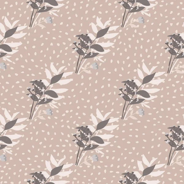Orman yaprağı buketi olan soluk, pürüzsüz bir desen. Bckground 'daki noktalı botanik süsü. Duvar kağıdı, tekstil, ambalaj kağıdı ve kumaş baskısı için tasarlanmış. Vektör illüstrasyonu.