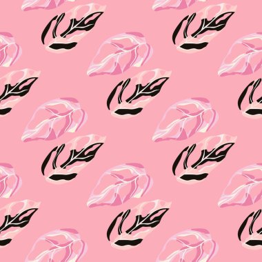 Minimalist monsera siluetleri kusursuz desen. Pembe arka plan. Tarz sahibi tropik sanat eserleri. Duvar kağıdı, tekstil, ambalaj kağıdı, kumaş baskısı için mükemmel. Vektör illüstrasyonu.