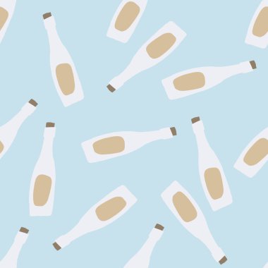 Cam şişe siluetleriyle rastgele, pürüzsüz desenler. Mavi arka planda bej renkli beyaz içecek süsü. Duvar kağıdı, tekstil, ambalaj kağıdı, kumaş baskısı için harika. Vektör illüstrasyonu.