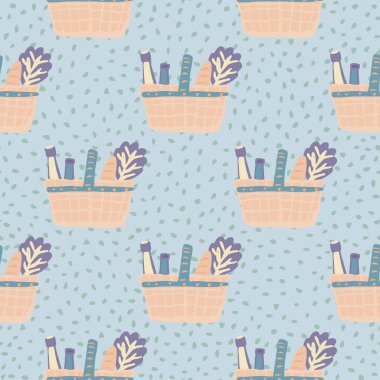 Ürün sepeti, siluet, kusursuz desen. Pastel palet süpermarket temalı mavi noktalı arka plan süsü. Duvar kağıdı, tekstil, ambalaj, kumaş baskısı için harika. Vektör illüstrasyonu.