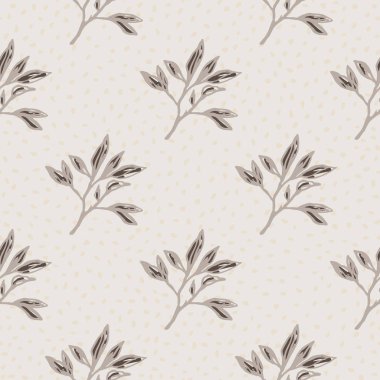 Dalların süslendiği minimalist, pürüzsüz bir desen. Açık gri noktalı arka planda kahverengi renkli ana hatlar. Duvar kağıdı, tekstil, ambalaj kağıdı, kumaş baskısı için mükemmel. Vektör illüstrasyonu