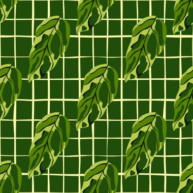 Yeşil canavar siluetleri kusursuz desen. Ekoseli arka plan. Stilize tropikal izler. Duvar kağıdı, tekstil, ambalaj kağıdı, kumaş baskısı için mükemmel. Vektör illüstrasyonu.