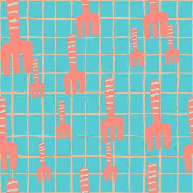 Rastgele şekillendirilmiş bahçe deseni ve tırmık süsü. Mavi kareli arka planda parlak pembe detaylar. Duvar kağıdı, tekstil, ambalaj kağıdı ve kumaş baskısı için tasarlanmış. Vektör illüstrasyonu.