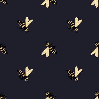 Arı süslemeli basit bir hayvan deseni. Lacivert arka planda siyah ve sarı renklerde el yapımı eşekarısı. Duvar kağıdı, tekstil, ambalaj kağıdı, kumaş baskısı için mükemmel. Vektör illüstrasyonu.