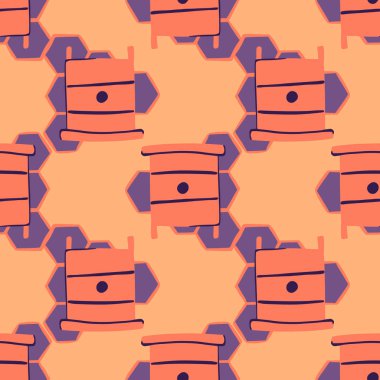 Bal temalı basit, pürüzsüz desen. Açık turuncu arka planda pembe arı kovanları ve mor bal petekleri. Duvar kağıdı, tekstil, ambalaj kağıdı ve kumaş için tasarlanmış. Vektör illüstrasyonu