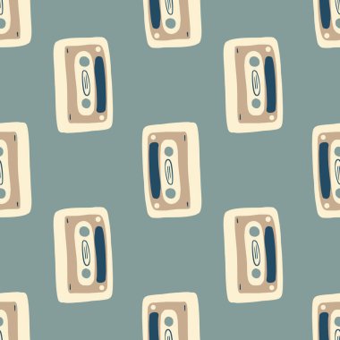 Bej renkli kaset süslemesiz karalama deseni. Pastel lacivert arka plan. Minimalist müzik temalı baskı. Duvar kâğıdı, tekstil, ambalaj kağıdı, kumaş için dekoratif zemin. Vektör illüstrasyonu.