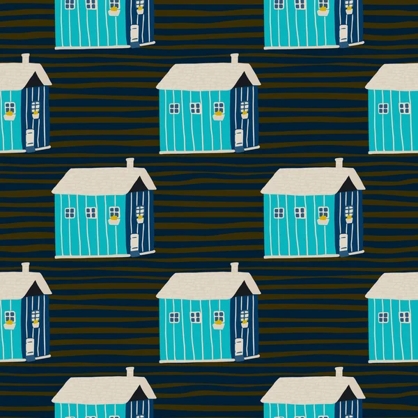 Mavi evler biçimlendirilmiş desensiz izler. Siyah şeritli arka plan. Yaratıcı mimari, basit zemin. Duvar kağıdı, tekstil, ambalaj kağıdı, kumaş baskısı için harika. Vektör illüstrasyonu.