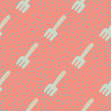 Açık mavi bahçe alet süslemesi kusursuz desen. Basit tırmık siluetleriyle pembe noktalı arka plan. Duvar kağıdı, tekstil, ambalaj kağıdı ve kumaş baskısı için tasarlanmış. Vektör illüstrasyonu.