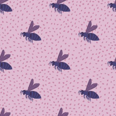 Mor basit arı siluetleri kusursuz desenler. Noktalı açık leylak arkaplan. Duvar kağıdı, tekstil, ambalaj kağıdı, kumaş baskısı için dekoratif zemin. Vektör illüstrasyonu.