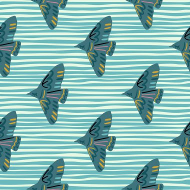 Elle çizilmiş vraetive siluetleri olan kusursuz bir desen. Mavi çizgili arka plan. Hayvani sanat eserleri. Duvar kağıdı, tekstil, ambalaj kağıdı, kumaş baskısı için harika. Vektör illüstrasyonu.