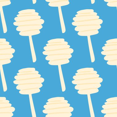 Karalama bal kaşıklarıyla kusursuz desen. Parlak mavi arka planda basit beyaz siluetler. Duvar kağıdı, tekstil, ambalaj kağıdı ve kumaş baskısı için tasarlanmış. Vektör illüstrasyonu.