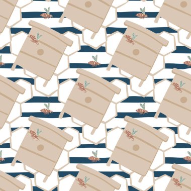 Arı kovanları, arılar ve bal peteği elementleriyle kusursuz desen. Lacivert ve beyaz arka planda basit bir el çizimi pastel süsü. Vektör illüstrasyonu.