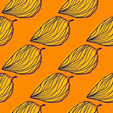 Sarı çizgili yapraklar dikişsiz desen. Parlak turuncu arka planda el çizimi elementleri. Duvar kağıdı, tekstil, ambalaj kağıdı, kumaş baskısı için harika. Vektör illüstrasyonu.