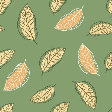 Rastgele pastel palet, dikişsiz yaprak deseni. Yeşil arka planda turuncu renkli taslak. Duvar kağıdı, tekstil, ambalaj, kumaş baskısı için dekoratif zemin. Vektör illüstrasyonu.