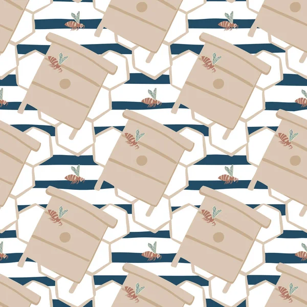 Arı kovanları, arılar ve bal peteği elementleriyle kusursuz desen. Lacivert ve beyaz arka planda basit bir el çizimi pastel süsü. Vektör illüstrasyonu.