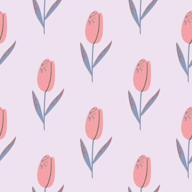 Soluk lale çiçeği siluetleri pürüzsüz desen. Soluk arkaplanda pembe renkli çiçek tomurcukları ve mavi saplar. Duvar kağıdı, tekstil, ambalaj kağıdı, kumaş baskısı için mükemmel. Vektör illüstrasyonu.