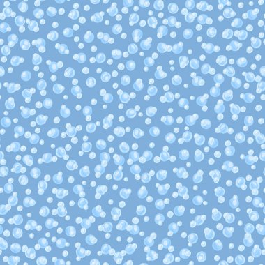 Küçük sabun köpükleri dikişsiz karalama kalıpları. Hafif toplar, siluetler ve mavi palette arka plan. Duvar kağıdı, tekstil, ambalaj kağıdı, kumaş baskısı için harika. Vektör illüstrasyonu.