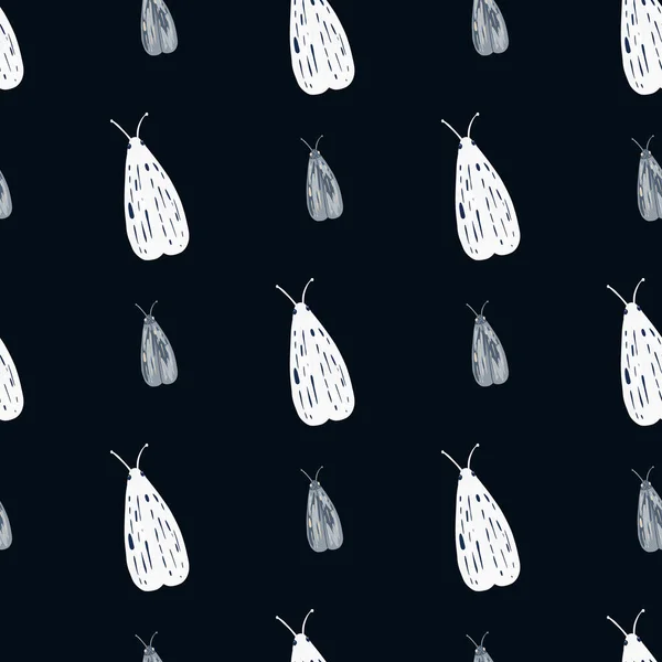 白と青の手の夜蛾のシームレスなパターンを描いた 黒の背景 単純な自然背景 テキスタイル 包装紙 ファブリックプリントのための装飾的な背景 ベクターイラスト — ストックベクタ
