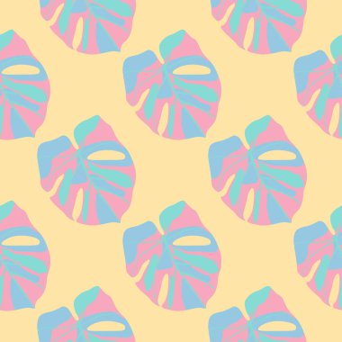 Parlak canavar kusursuz bir iz bırakır. Açık turuncu arka planda pembe ve mavi renkli tropik siluetler. Duvar kağıdı, tekstil, ambalaj kağıdı, kumaş baskısı için mükemmel. Vektör illüstrasyonu.