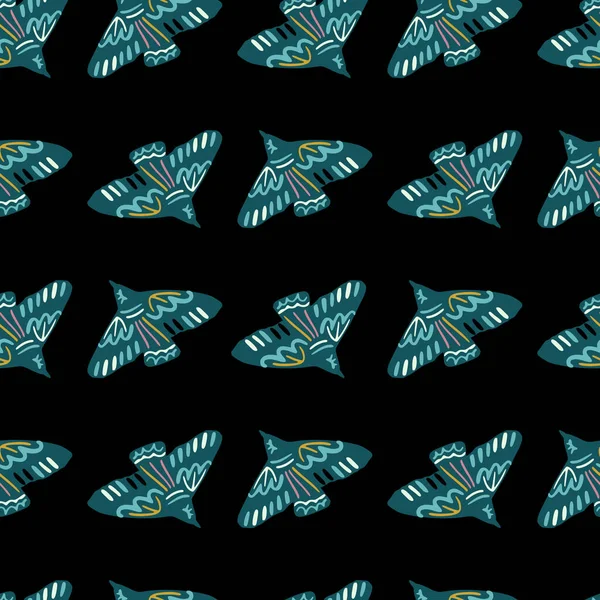 无缝图案与创造性鸟类打印 用蓝色调在黑色背景上飞行的动物饰物 简单的自然背景很好的墙纸 纺织品 包装纸 矢量说明 — 图库矢量图片