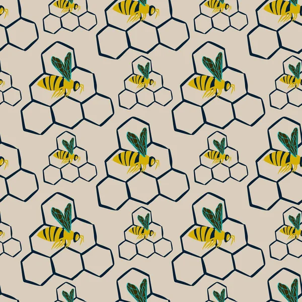 Стилизованный Бесшовный Рисунок Пчелами Сотовыми Орнаментами Желтый Черный Зеленый Цветной — стоковый вектор