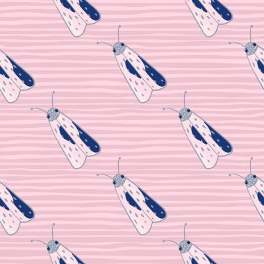 Lacivert elementli, pürüzsüz desenli köstebek siluetleri. Açık pembe çizgili arka plan. Duvar kağıdı, tekstil, ambalaj kağıdı, kumaş baskısı için harika. Vektör illüstrasyonu.