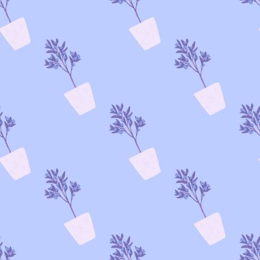 Ev bitkisi siluetleri kusursuz desenler çizer. Mavi arka planda botanik bitkileri olan beyaz tencereler. Duvar kağıdı, tekstil, ambalaj kağıdı ve kumaş baskısı için tasarlanmış. Vektör illüstrasyonu.