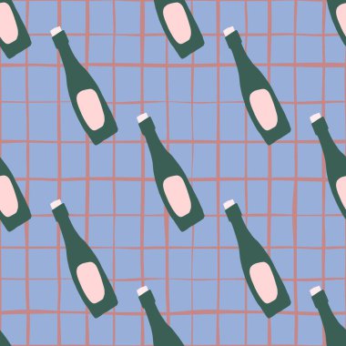 Elle çizilmiş yeşil şişeli kusursuz karalama deseni. Mavi arka planda alkol camı şekilleri var. Duvar kağıdı, tekstil, ambalaj kağıdı ve kumaş baskısı için tasarlanmış. Vektör illüstrasyonu.