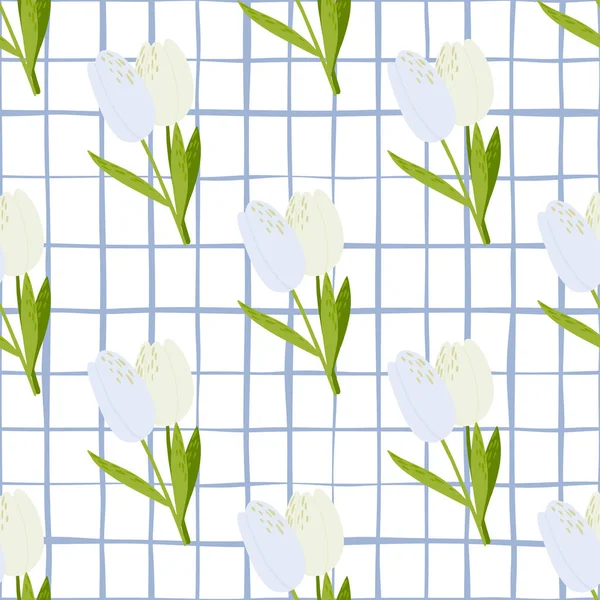 春のシームレスな入札パターンの南チューリップ 白い背景に緑色の茎を持つ花のシンプルな要素 テキスタイル 包装紙 ファブリックプリントに最適です ベクターイラスト — ストックベクタ