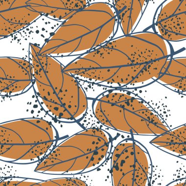 Yaprakların dış hatları olan sonbahar mevsimi desenleri. Beyaz arka planda kahverengi renklerle süslenmiş soyut çiçek süsü. Duvar kağıdı, tekstil, ambalaj, kumaş.