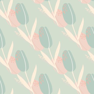 Soluk palette kusursuz lale deseni. Mavi ve pembe yumuşak renkli, stilize botanik çiçek resimleri. Duvar kağıdı, tekstil, ambalaj kağıdı ve kumaş baskısı için tasarlanmış. Vektör illüstrasyonu.