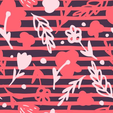 Parlak pembe dallar ve orman siluetlerini pürüzsüz bir şekilde bırakıyor. Soyulmuş arka planı olan basit bir çiçek deseni. Duvar kağıdı, tekstil, ambalaj kağıdı, kumaş baskısı için. Vektör illüstrasyonu.