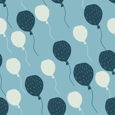 Rastgele karalama desenleri beyaz ve lacivert balon elementleriyle. Mavi arkaplana basit şekiller çiz. Duvar kağıdı, tekstil, ambalaj kağıdı ve kumaş baskısı için tasarlanmış. Vektör illüstrasyonu