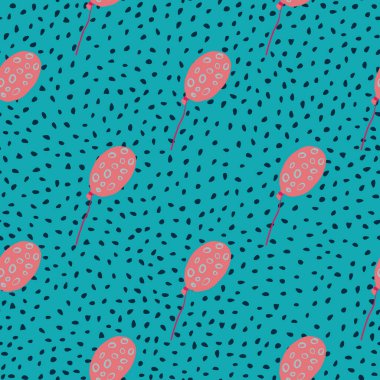 Pembe balonlar, daireler halinde, kusursuz desenli siluetler. Parlak mavi noktalı arka planda bayram doğum günü baskısı. Duvar kağıdı, tekstil, ambalaj kağıdı, kumaş için mükemmel. Vektör illüstrasyonu.