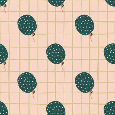 Sivri uçlu balonlarla kusursuz desenler. Açık pembe kareli arka planlı Doodle stilize baskısı. Duvar kağıdı, tekstil, ambalaj kağıdı, kumaş baskısı için harika. Vektör illüstrasyonu.