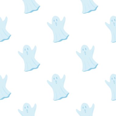 Basit hayalet siluetleriyle kusursuz bir Cadılar Bayramı deseni. Beyaz arka planda hafif ürkütücü bir süs. Duvar kağıdı, tekstil, ambalaj kağıdı ve kumaş baskısı için tasarlanmış. Vektör illüstrasyonu.