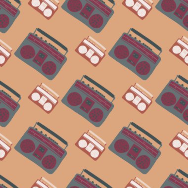 Kusursuz bir müzik düzeni ve kayıt cihazları. 80 'lerin gri süsü turuncu soluk arkaplanda. Duvar kağıdı, tekstil, ambalaj kağıdı, kumaş baskısı için mükemmel. Vektör illüstrasyonu.