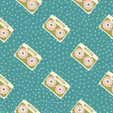Kaset karalama süslemesiz desen. Turkuaz noktalı arka planda yeşil ve pembe çizilmiş elementler. Duvar kağıdı, tekstil, ambalaj, kumaş baskısı için dekoratif zemin. Vektör illüstrasyonu