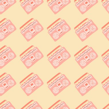 Pastel pembe bant kaydedicisi kusursuz desenler oluşturur. Açık turuncu arkaplanda basit karalama elementleri. Duvar kağıdı, tekstil, ambalaj kağıdı, kumaş baskısı için mükemmel. Vektör illüstrasyonu.