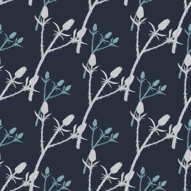 Yırtık dallar, basit siluetler, kusursuz botanik desenler. Açık mavi dallar lacivert arka planda süsleme yapıyor. Duvar kağıdı, tekstil, ambalaj kağıdı ve kumaş baskısı için tasarlanmış. Vektör illüstrasyonu