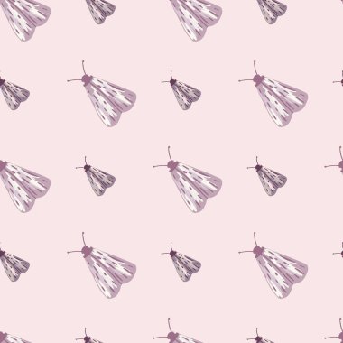 Pastel palet pürüzsüz desenli kelebek siluetleri. Pembe arka planda açık mor renkli güve süsü. Duvar kağıdı, tekstil, ambalaj, kumaş için fon. Vektör illüstrasyonu.