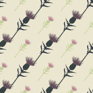 Burdock siluetleri ve soluk tonlarda desensiz desenler. Açık renkli pembe arka plan. Çiçek arkaplanı. Duvar kağıdı, tekstil, ambalaj kağıdı ve kumaş baskısı için tasarlanmış. Vektör illüstrasyonu.