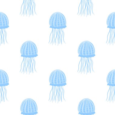 Denizanası basit siluetleriyle izole edilmiş minimalist desen. Beyaz arka planda mavi renkli sualtı elementleri. Duvar kağıdı, tekstil, ambalaj, kumaş baskısı için. Vektör illüstrasyonu.