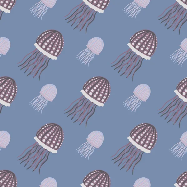 Pastel seamless pattern with underwater animals silhouettes. Jellyfish simple diagonal ornament on blue background. Perfect for wallpaper, textile, wrapping paper, fabric print. Vector illustration.