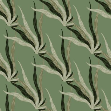 Açık kahverengi ve gri renkler, yosunların pürüzsüz desenleri. Yeşil arka plan. Su altı yeşillik çizimleri. Duvar kağıdı, tekstil, ambalaj kağıdı ve kumaş baskısı için tasarlanmış. Vektör illüstrasyonu.