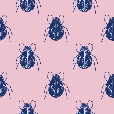 Böcek eli çizilmiş böceklerin parlak, pürüzsüz deseni. Deniz mavisi süslemeli ve pembe arkaplanlı bir hayvan botanik çalışması. Duvar kağıdı, tekstil, ambalaj, kumaş baskısı için mükemmel. Vektör illüstrasyonu.